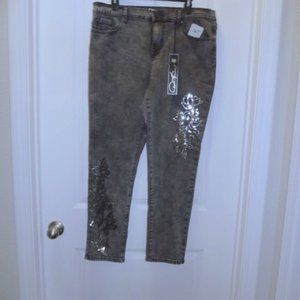 NWT-DG2 by Diane Gilman Gray Zipper Jeans embellished with Silver Sequence Sz 16